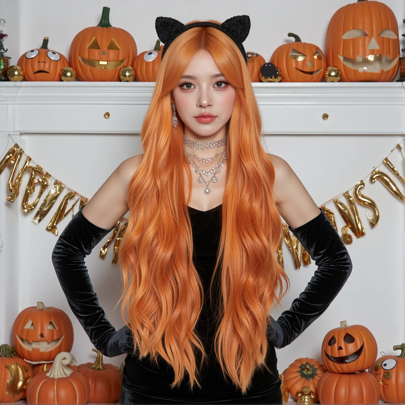 باروكة صناعية برتقالية طويلة مموجة للمياه للهالوين للنساء، باروكات مموجة مع غرة متوسطة الحجم، شعر مستعار للحفلات التنكرية مقاوم للحرارة