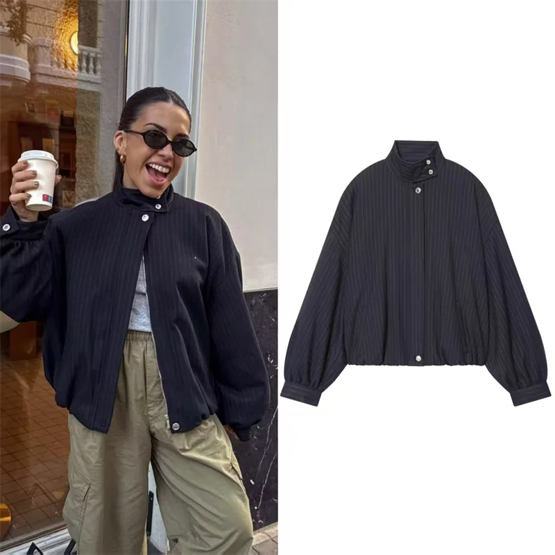 

Women's Coat 2025 Winter New Style Navy Blue Striped Long-Sleeve Loose Bomber Jacket Fashionable and Casual Versatile