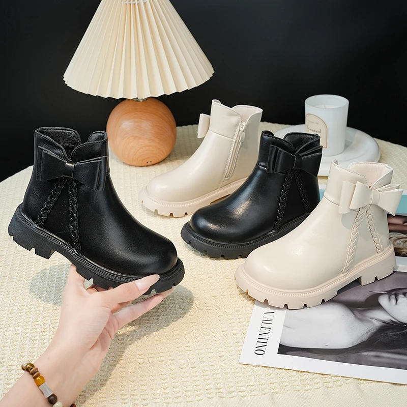 Girl's Princess Ankle Boot 2026 Spring Autumn New Children School Short Boots Bowknot Fashion Zipper Kids Causal Leather Boots