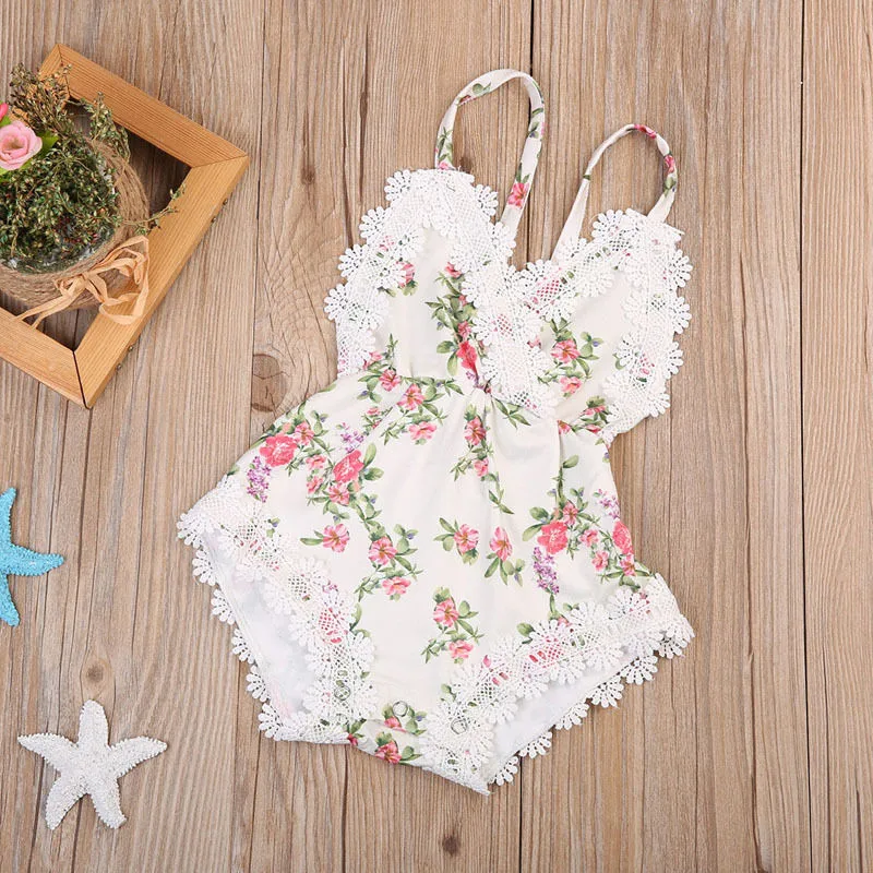 0-24months Baby Girls Summer Sleeveless Romper Floral Print Lace Patchwork Jumpsuit For Infant Girls Backless Princess Bodysuit