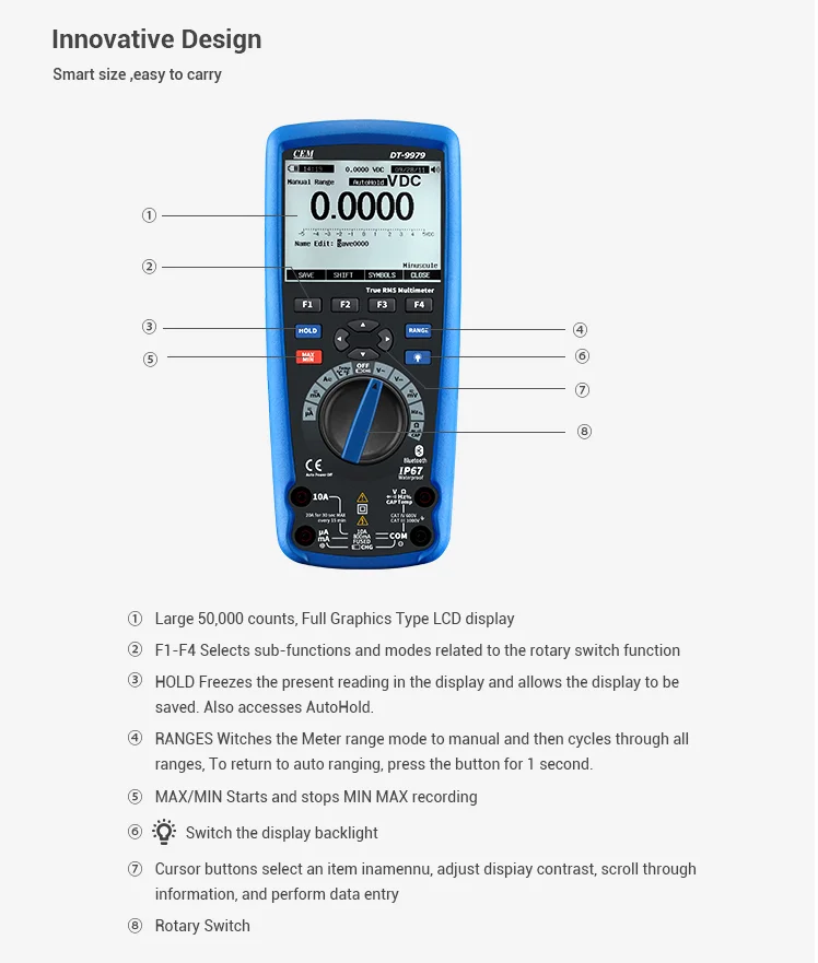 DT-9979 True RMS Industrial Digital Multimeter With 50,000 Counts Record Data of Signals Review Trend Capture Curve
