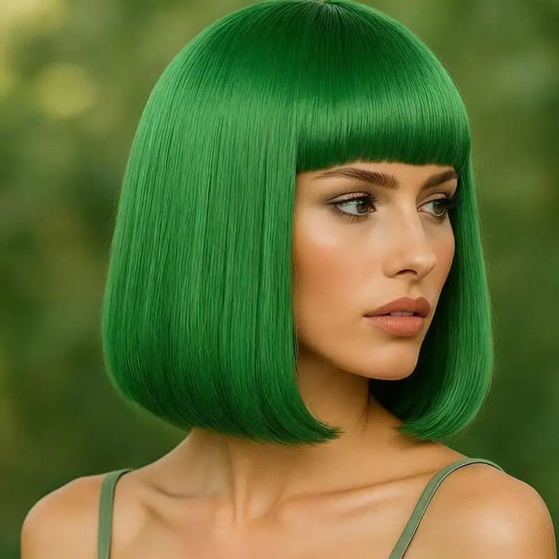 باروكة صناعية أنبوبية مستقيمة خضراء ناعمة مقاس 12 بوصة، مناسبة لحفلات الهالوين وعيد الفصح من الألياف المقاومة للحرارة للسيدات #4