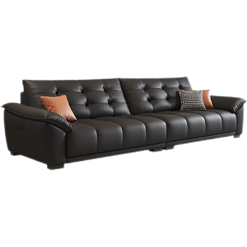 

Italian minimalist leather sofa modern simple living room size apartment straight row light luxury black first-layer cowhide