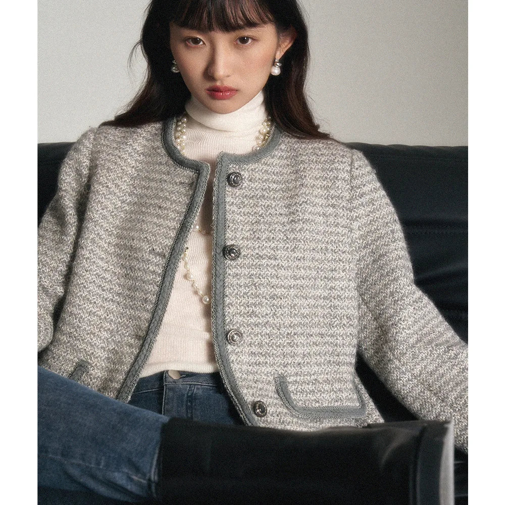 

Autumn new French retro celebrity style high-end gray wool small fragrant top jacket women