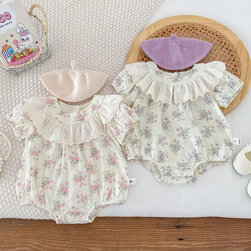 2025 New Summer Newborn Baby Girls Romper Short Sleeved Cotton Flower Print Toddler Baby Jumpsuit 0-24M Children Clothes