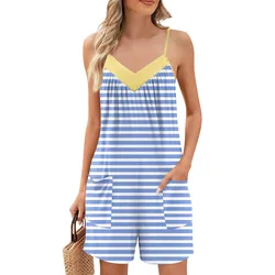 Women's Summer Jumpsuit Shorts,Printed Fashionable Casual Sleeveless Jumpsuit Shorts Rompers With Pockets