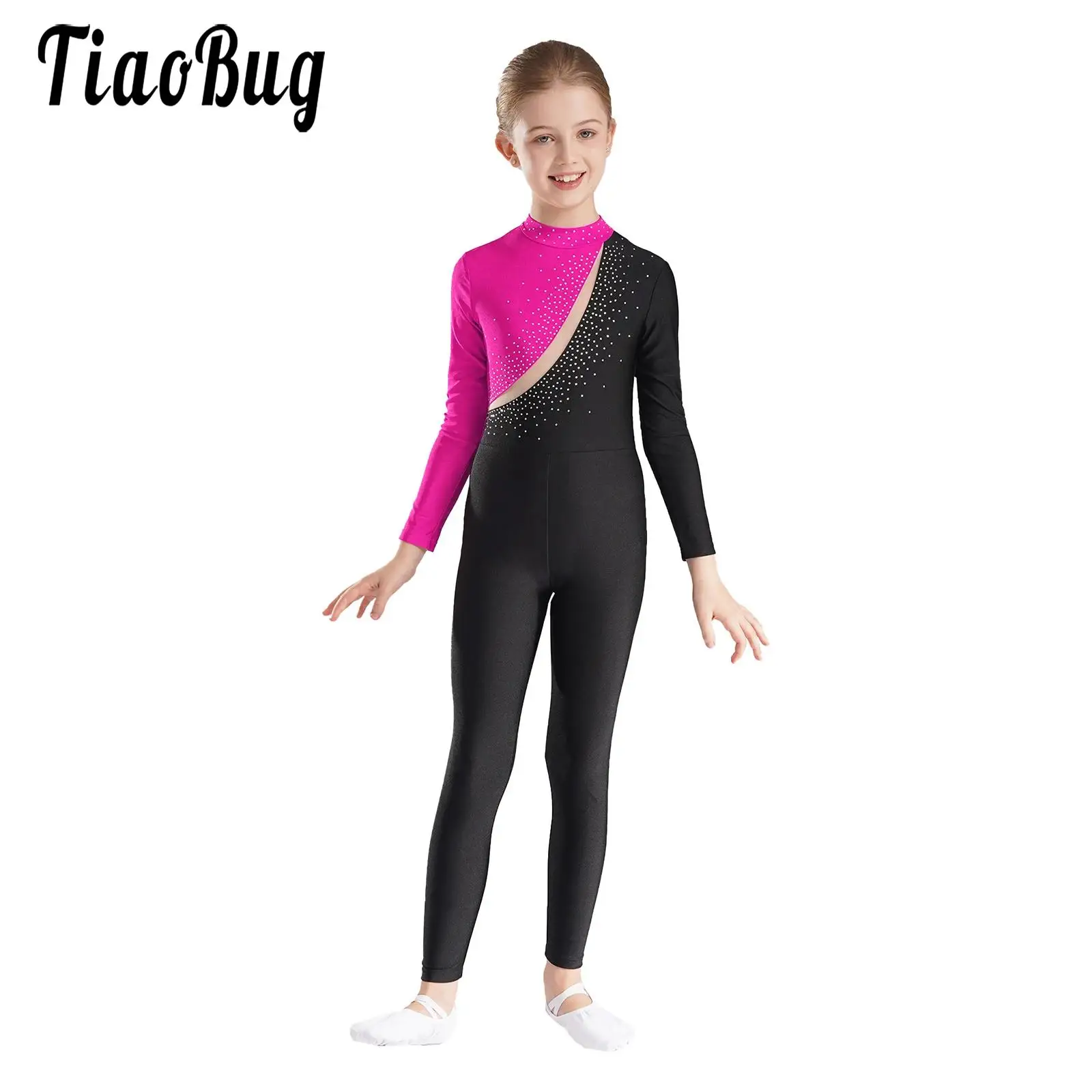 Kid Girls Rhinestone Ballet Leotard Long Sleeve Jumpsuit Figure Skating Stage Performance Competition Full Bodysuit Gymnastics