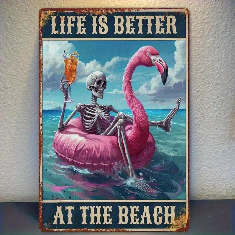 - Vintage Beach Skeleton Swimming on Pink Flamingo Metal Wall Art - 