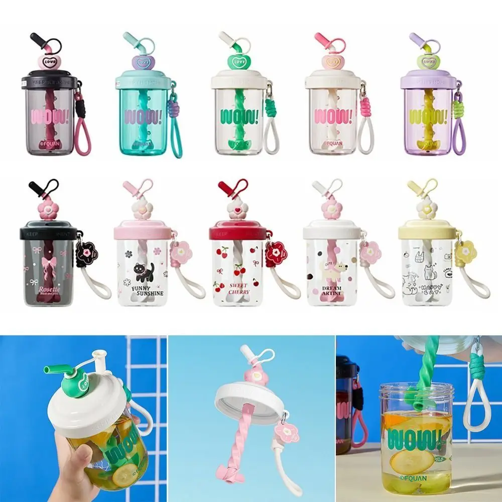 

Kawaii 580ML/520ML Water Bottles Straw Dust Cap With Straw Drinking Cup Portable Handle High-capacity Vacuum Cup Protein Shakese