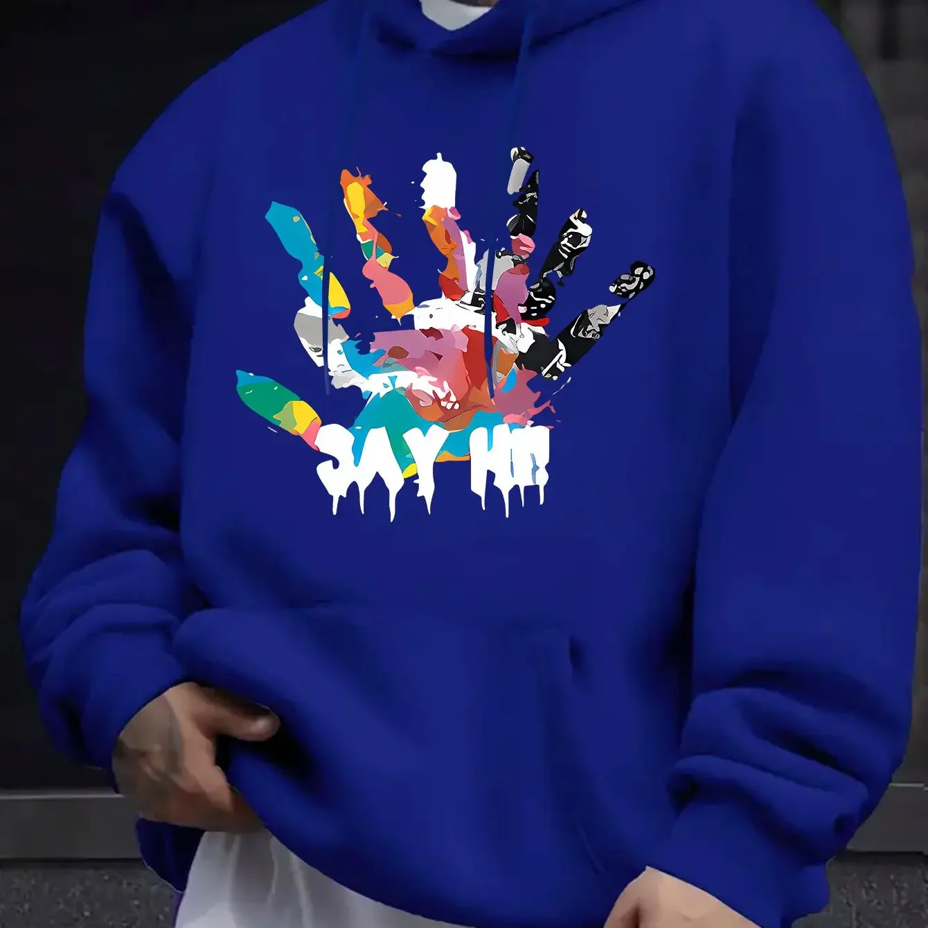 Men Women Streetwear Hoodie Colorful Spliced Handprint Graffiti Drip Say Hi Graphic Print Front Casual Loose Pullover Hooded