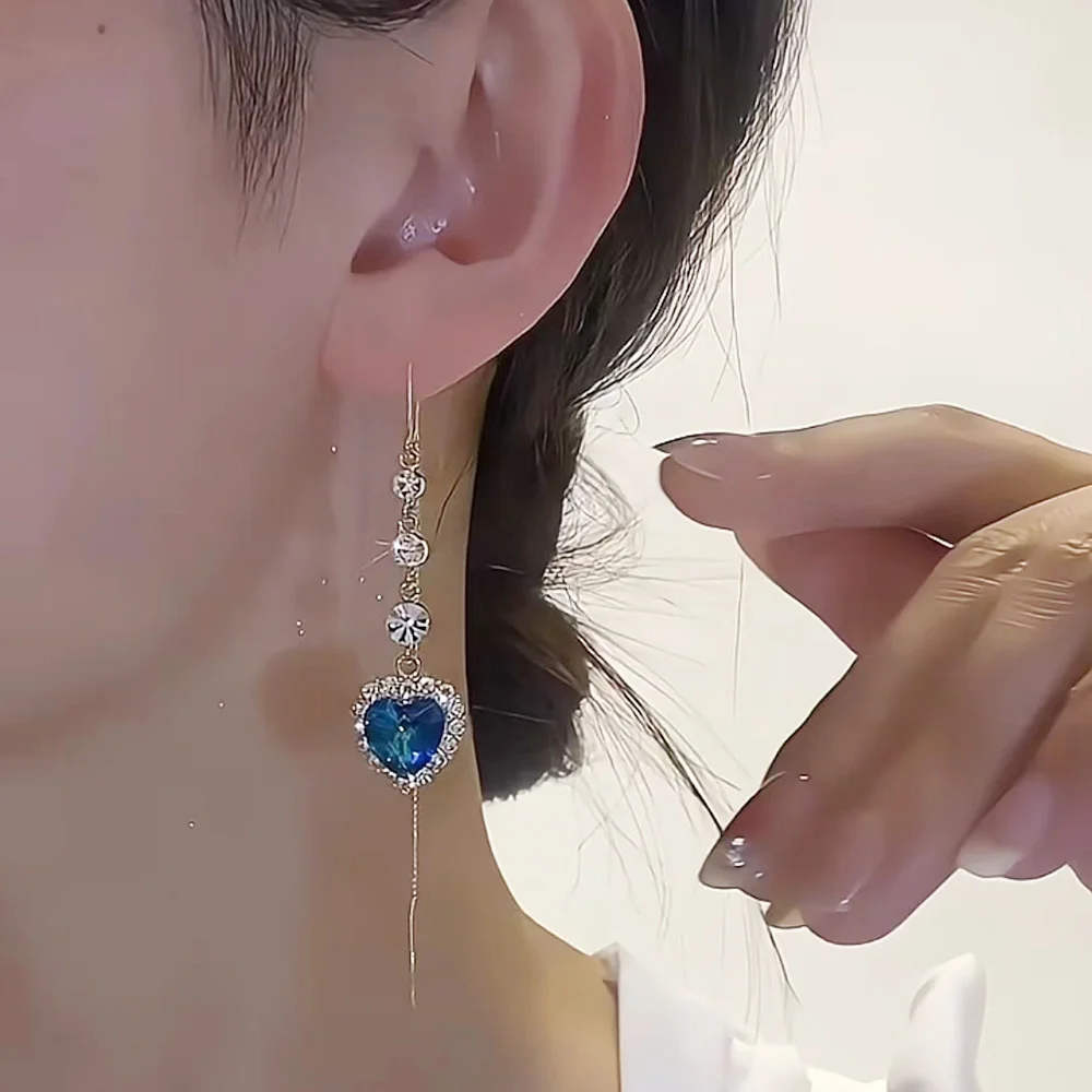 Mode Blau Herzförmige Zirkon Ohrringe für Frauen Licht Luxus Lange Quaste Ohr Linie Hochzeit Schmuck Geschenk – Detail 4