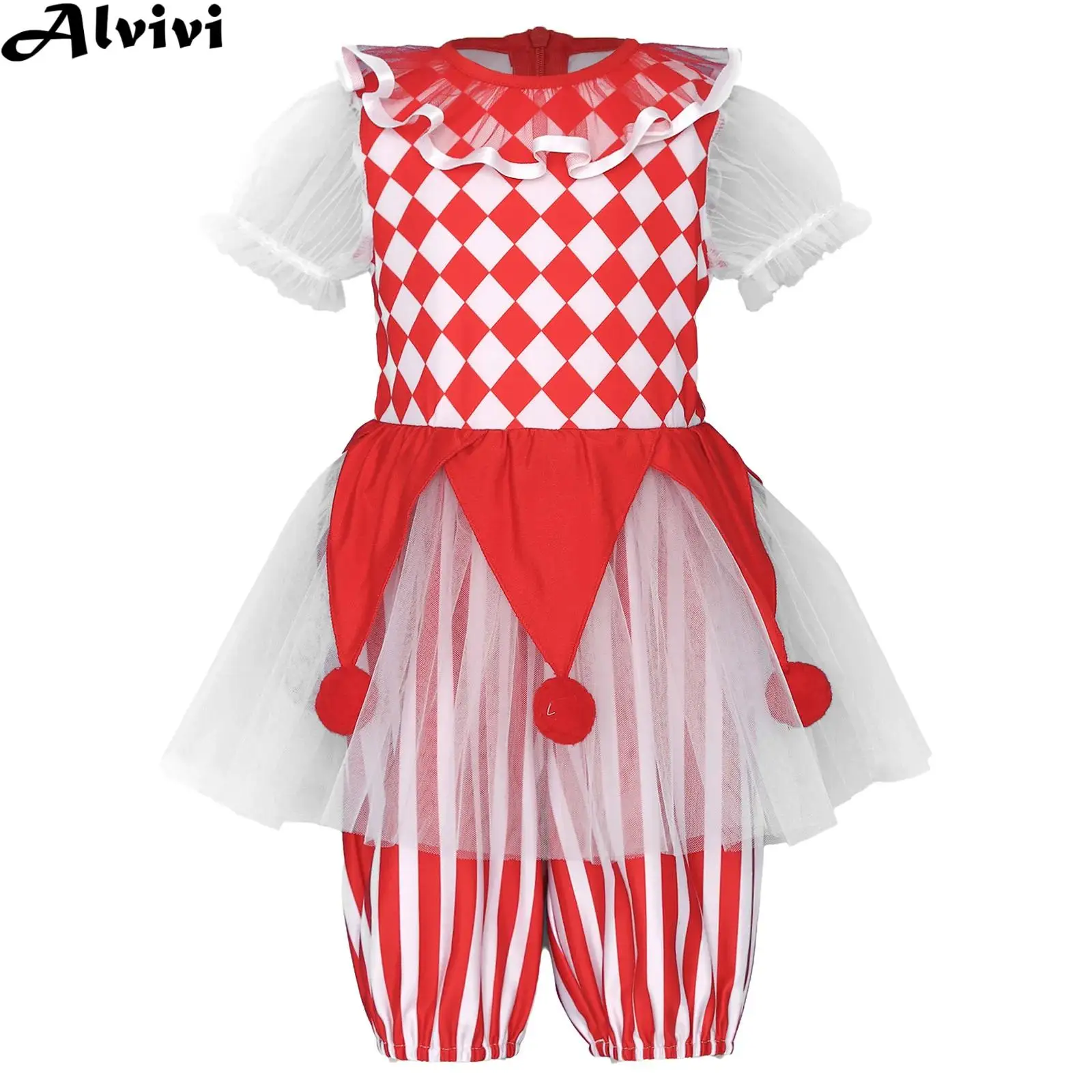 Baby Girls Short Sleeve Zipper Mesh Circus Clown Skirted Jumpsuit Halloween Carnival Joker Cosplay Costume Photography Clothes