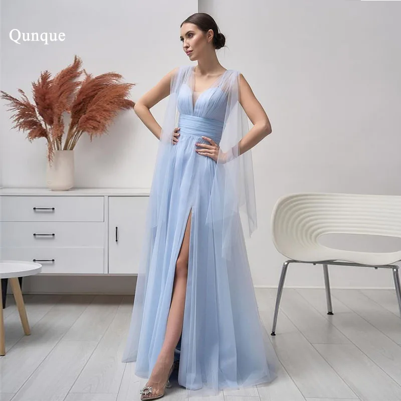 

Qunque A-line Tulle Evening Dresses Sexy V-neck Straps With Cape Pleat Robes De Soirée Split Zip Customized Vestido De Noche