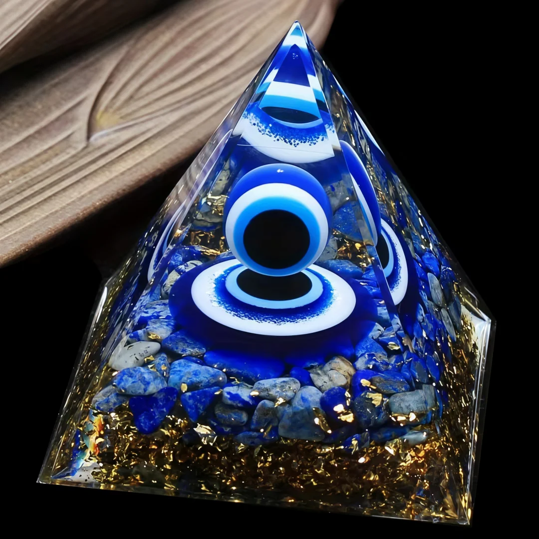 Pirâmide Orgone Olho Grego de Lápis Lazúli - Cristal Natural e Esfera de Resina para Decoração, Decoração de Casa, Olhos do Diabo