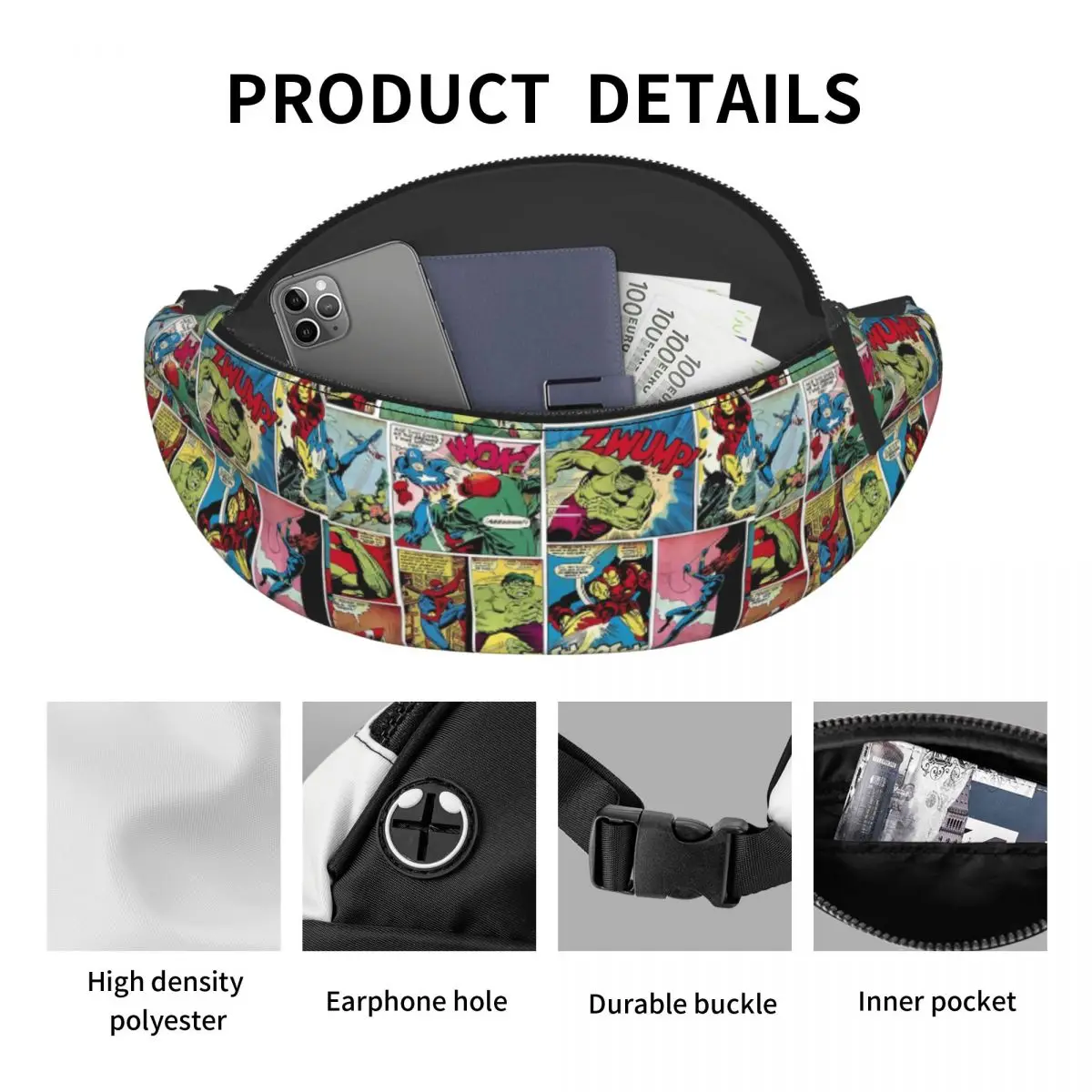 Personagem personalizado Fanny Pack para homens e mulheres, casual, homem-aranha, super-heróis, bolsa de cintura crossbody para caminhadas, bolsa de dinheiro para telefone