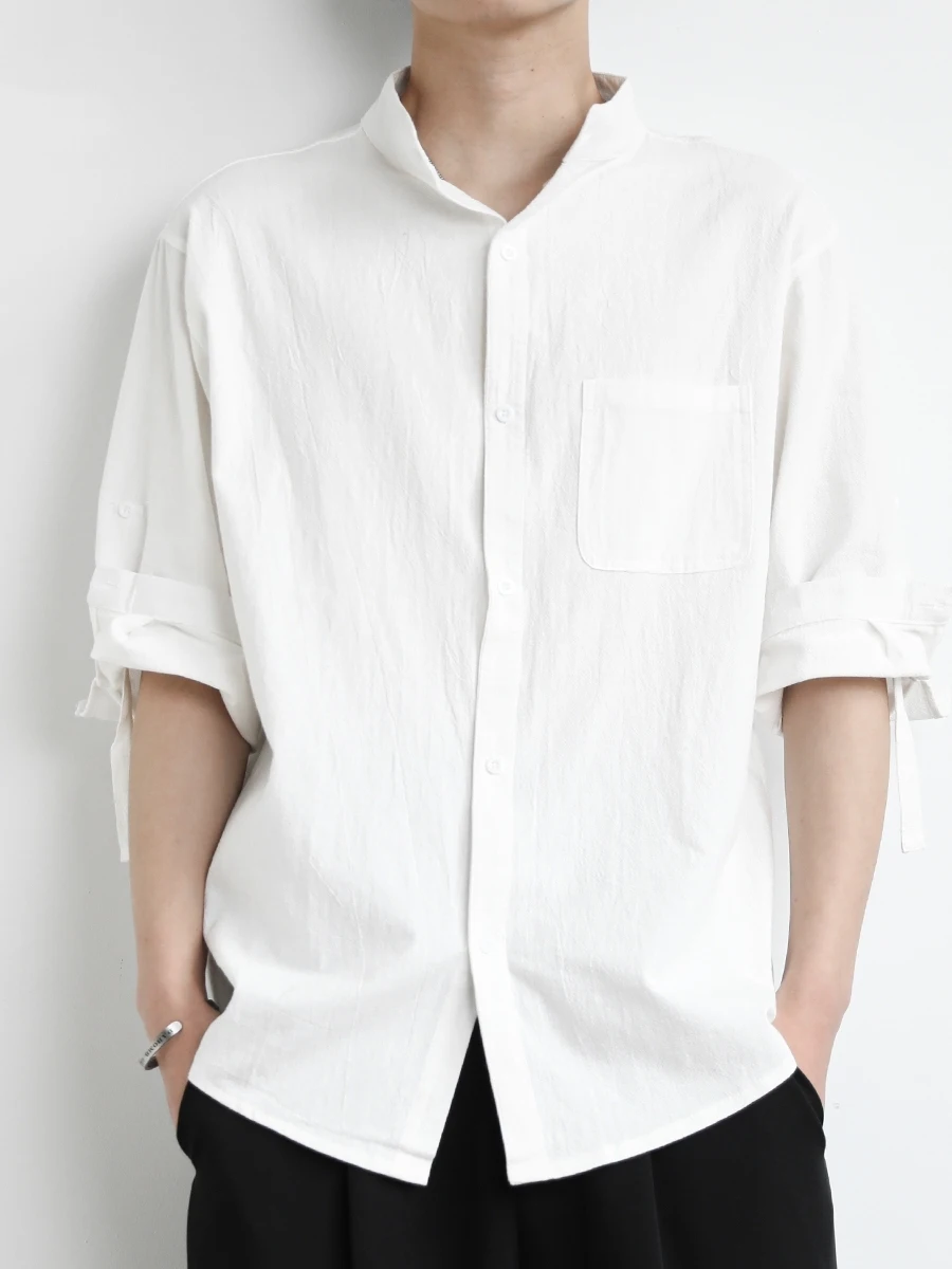 

Летняя тонкая хлопково-льняная мужская футболка-поло, влагоотводящая, дышащая, свободного кроя, повседневная, модная, брендовая, рукав семь восьмых