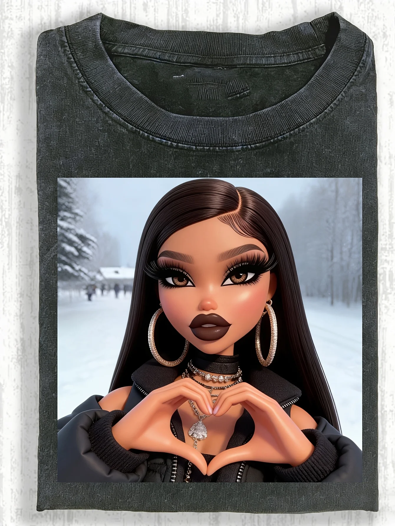 Retro  Heavyweight Washed Crewneck T-Shirt Featuring a Black Cartoon Girl in a Heart Pose Against a Backdrop Stylish And Adaptable Perfect for Holiday Gifting T Shirts with Funny Sayings for Men