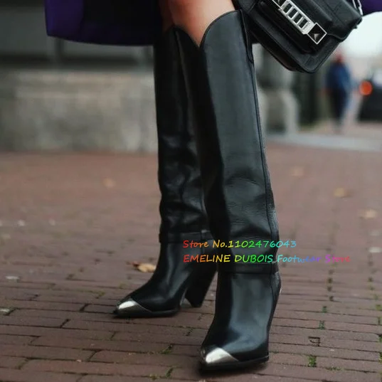 

Metal Toe Spike Heels Long Boots Women Leather Splicing Toe Black Knee High Boots Female Trending Belt Buckle Street Style Shoes