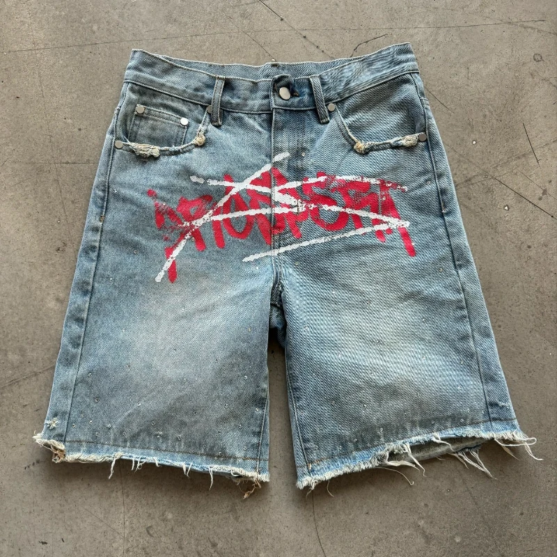 Y2K Graffiti Jorts Rhinestone Distressed Printed Denim Shorts Men Women Trend Retro Hip Hop Streetwear Unisex Baggy Short Pants