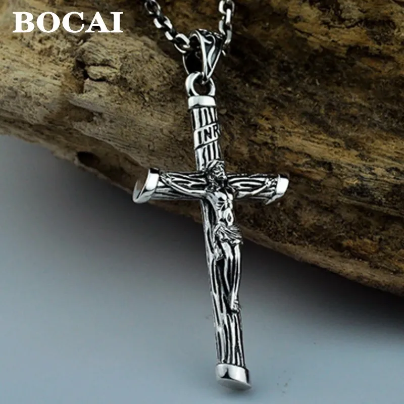 BOCAI-Três-Caráter Jesus Cristo Pingente Cruz para Homens, Real S925 Prata, Jóias Da Moda, Atacado