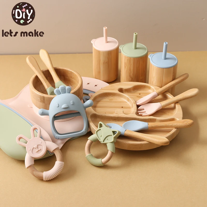 Let’s Make Wooden Feeding Tableware Sets Kids Feeding Supplies Bamboo Dishes with Silicone Straw Cup Children Dinnerware Gift