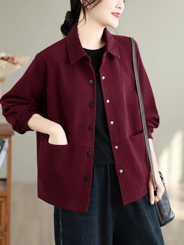 Casual Cotton Short Jacket Women's Loose Fit Large Size Flip Collar Top Autumn Fashion Mom's Wear Comfortable Breathable Oute...
