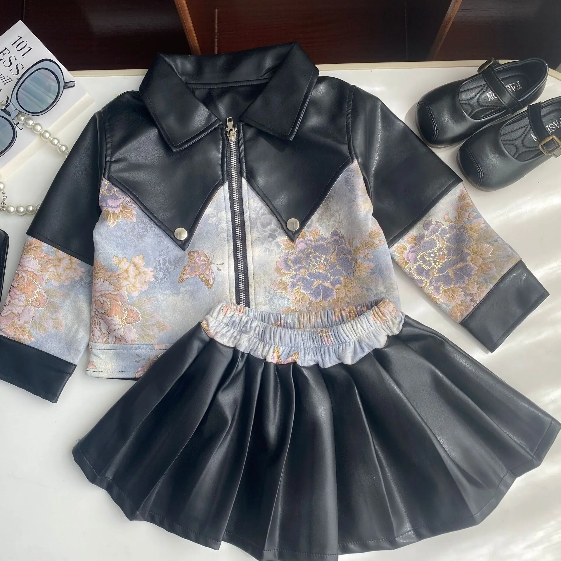 Baby Girls Sets Spring Autumn Vintage Printed Pu Jacket & Skirt 2 Piece Kids Fashion Outfits Children Two Piece Suit  123