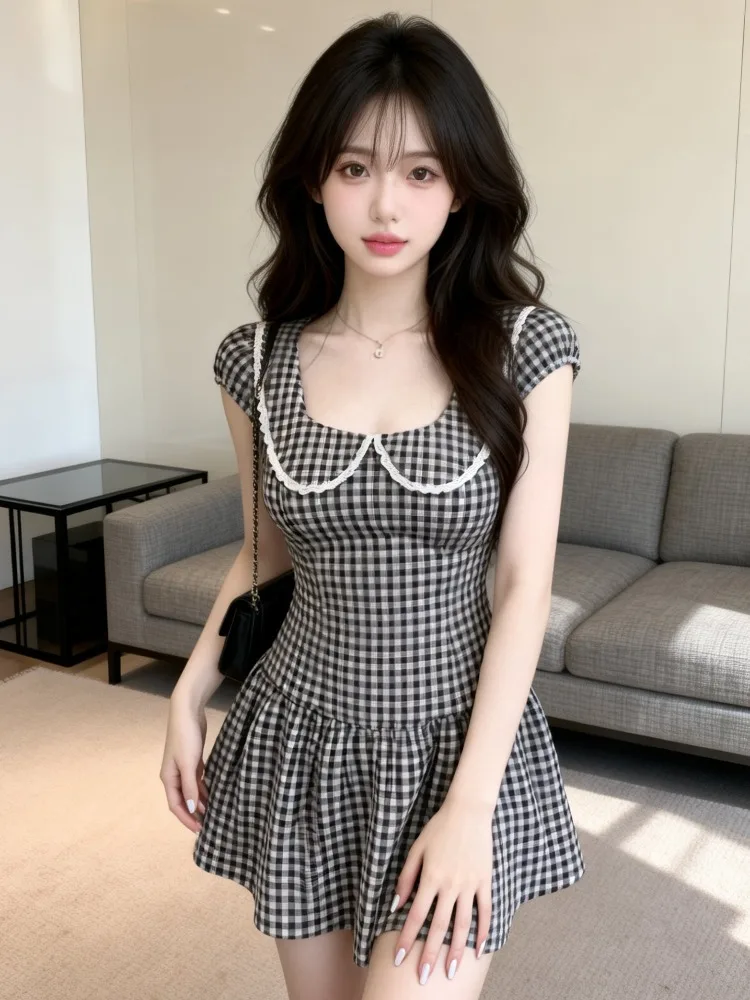 

Sweet College Style Plaid Doll Collar Short Dress Women's A-Line Waist-Cinching Slimming Summer New Fashion Versatile Dress