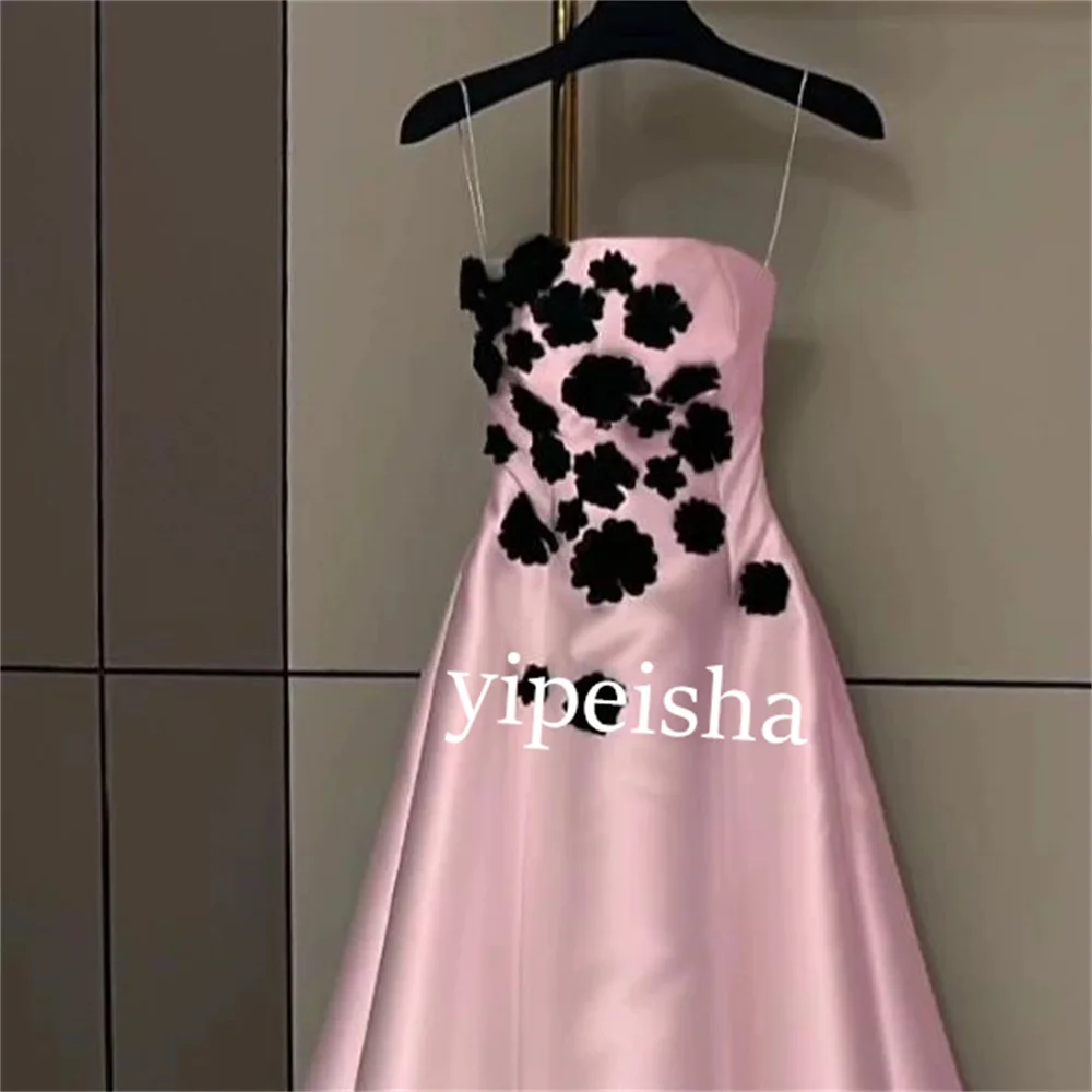 Customized S Flower  Pleat Engagement A-line Sheer Straps Bespoke Occasion Gown Midi Dresses