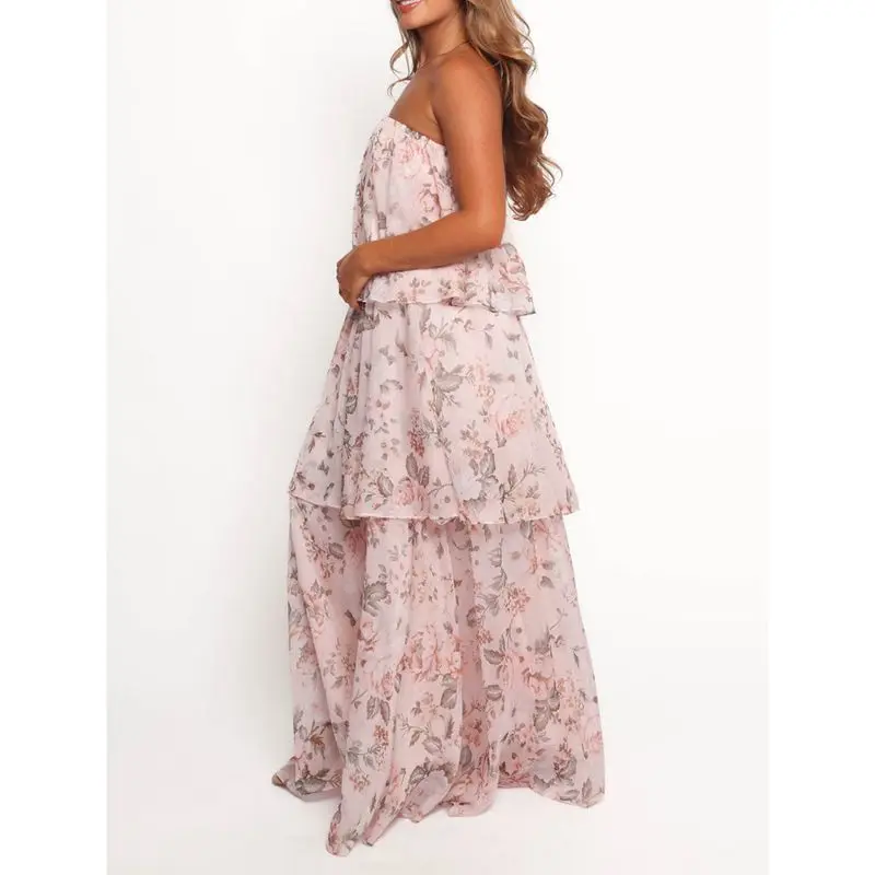 Combhasaki feminino verão boho floral impressão sem alças plissado em camadas sem costas solto a linha bolo tubo vestido longo streetwear