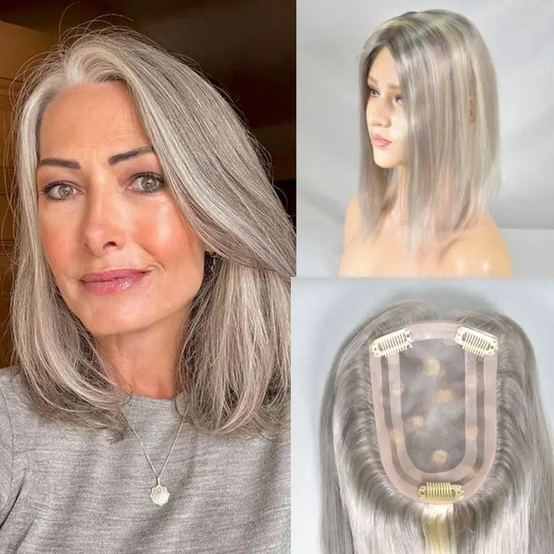 Pwigs Grey P613# Color Woman Toupee European Human Hair for Thinning Hair 4x6 Inch Base Mono Lace with PU Clip in Hair Topper