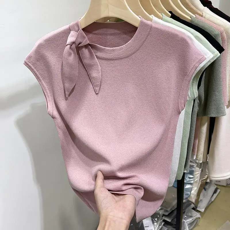 Round Neck Ice Silk Short-sleeved Knitted T-shirt for Women New Style in Summer 2024 Slim-fit Small Flutter Sleeves Blouse Top