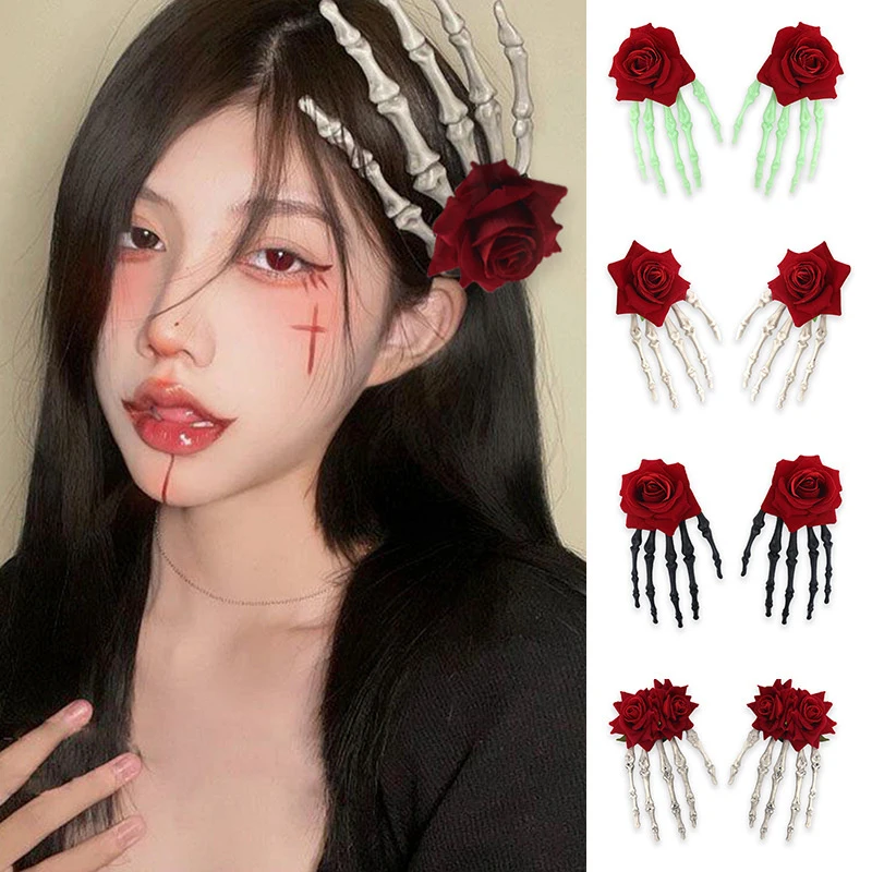 Skull Skeleton Hand Duckbill Clip Retro Rose Hair Clip Cos Hair Accessories Bone Hairpin For Women Hair Accessories