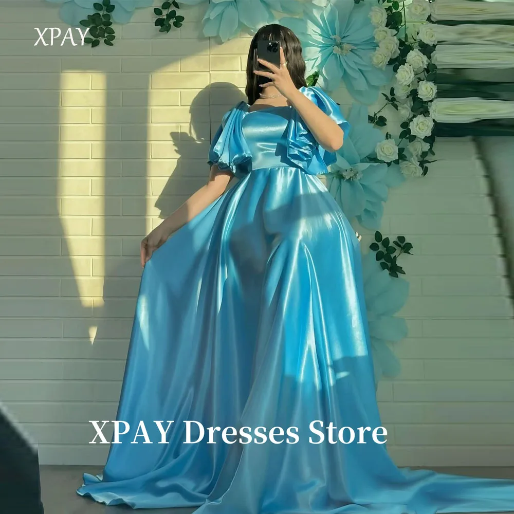 

XPAY Square Neck Bright Blue Evening Dresses Formal Party Blue Puff Short Sleeves Silk Satin Prom Gowns Plus Size Customized
