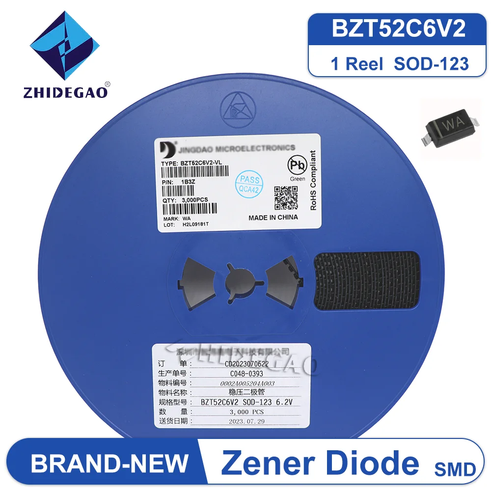 3000pcs/Reel Zener SMD 0.5W BZT52C6V2 Marking WA SOD-123 Diode 6V2 Diodo Zener Electornic Components BRAND NEW