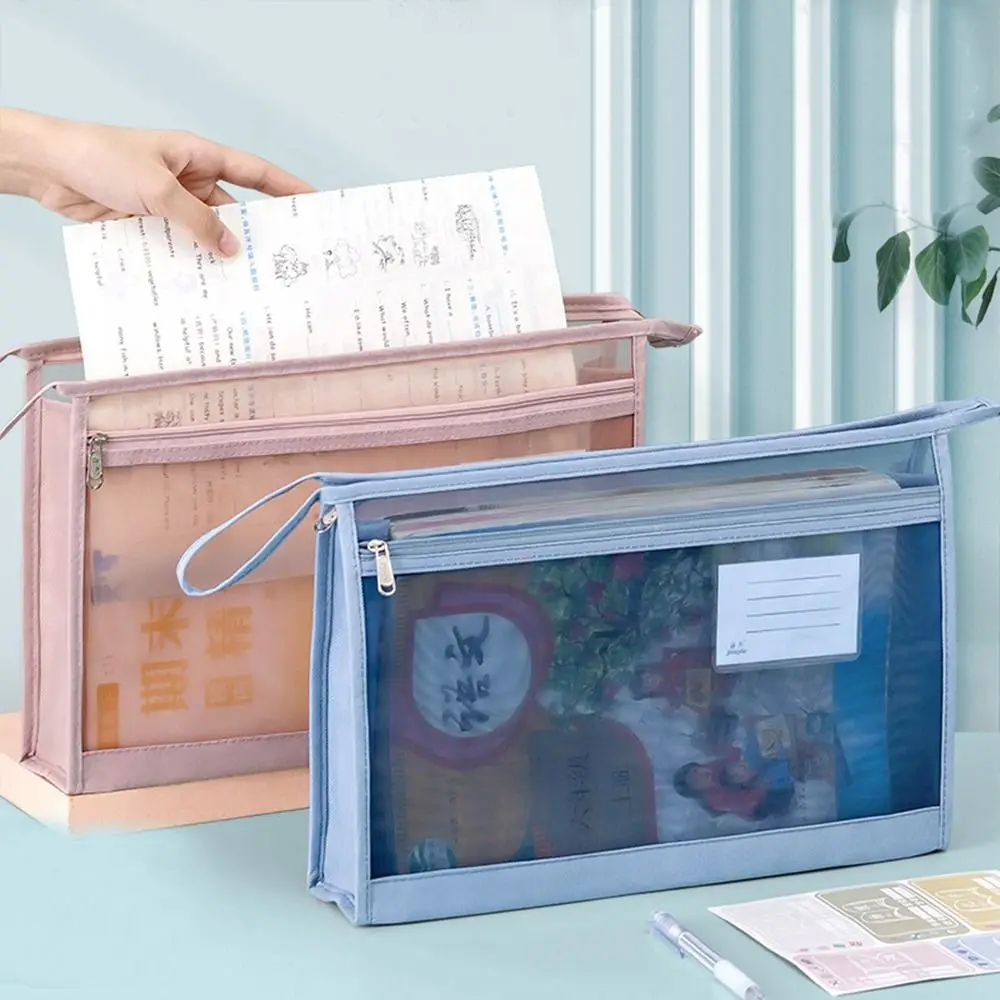 

School Durable Stationery Storage Bags Textbook Homework A4 Mesh File Folders Test Paper Folder Zipper Storage Bag Document Bag