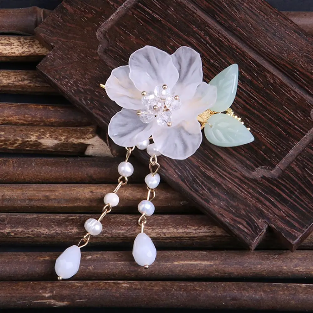 Chinese Style Girls Hair Pin Children Green Leaf Side Clip Wedding Party Duckbill Clip White Crystal Flower Hair Clips