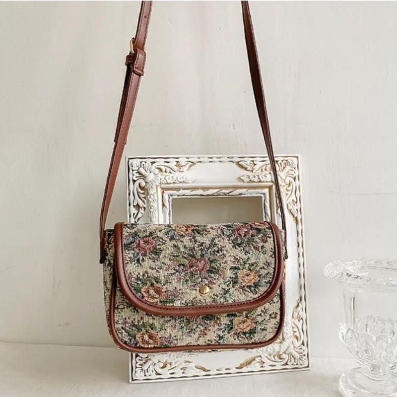 Xiuya Vintage Literary Womens Shoulder Bag Ethnic Style Flower Fashion Small Handbag Elegant Designer Commuter Female Armpit Bag