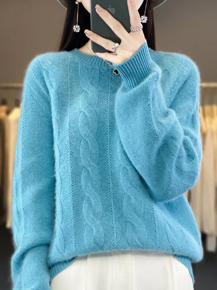 

Women Winter Sweater 100% Merino Wool Thick Warm O-Neck Pullover Twist Flower Cashmere Knitwear Casual Korean Popular Clothes