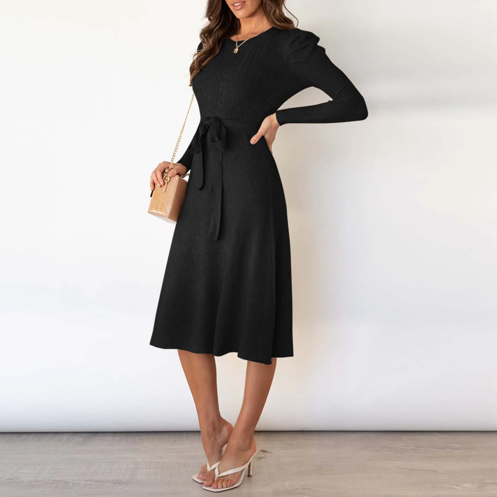 

Ladies Knit Dress Gown Autumn Winter New Long Sleeve Knitted Mid Length Slimming High Waist Big Swing Dresses Base Woolen Dress