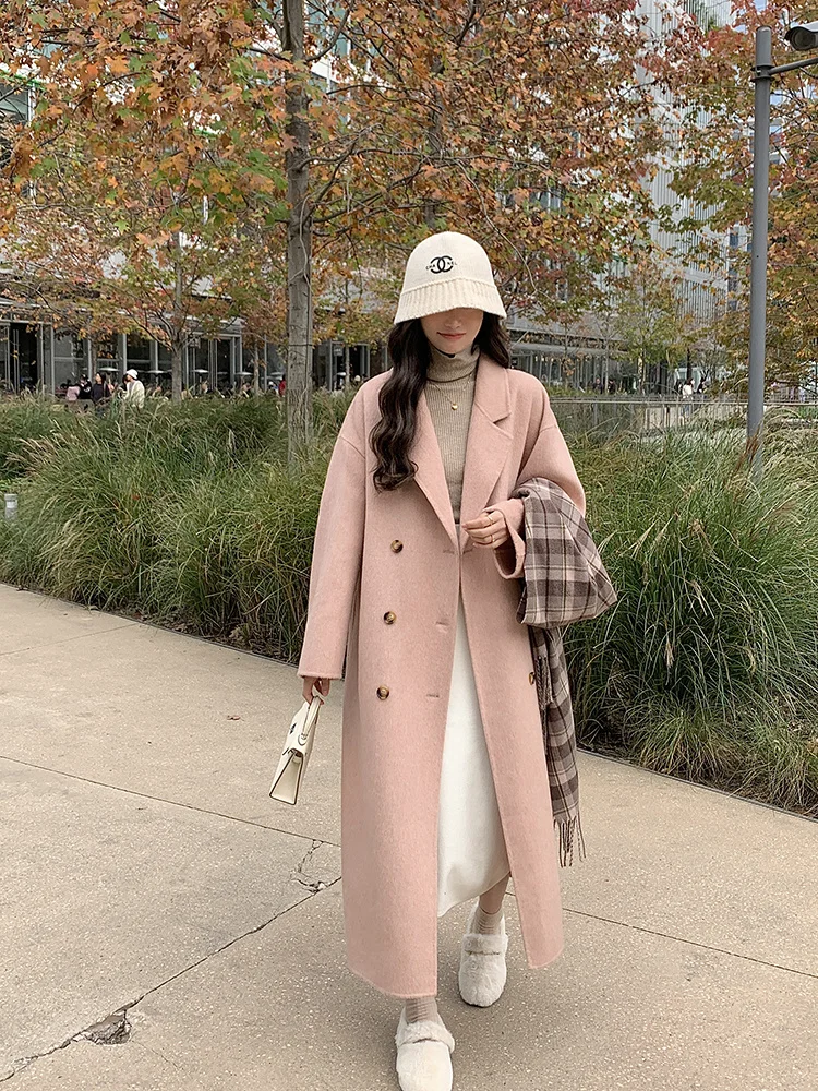 

2023 Korean Pink Double Sided Wool Coat Women's Autumn and Winter New High Grade Loose Wool Coat