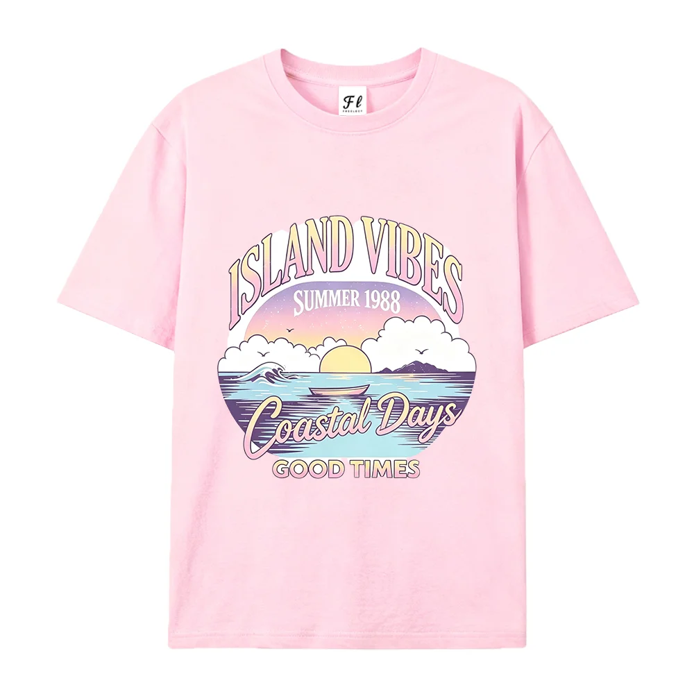 Island Vibes Graphic Short Sleeve Tee For Women Vintage Summer 1988 Coastal Days Good Times Ocean Sunset Beach Print Soft Tees