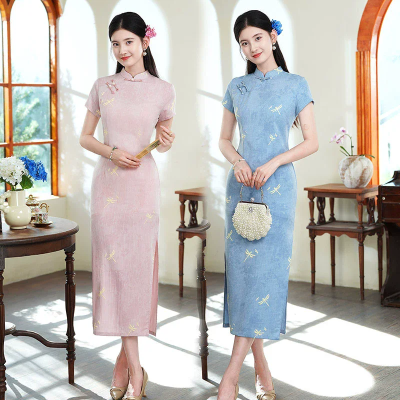 

Длинный Cheongsam в китайском стиле, лето 2022, для молодых женщин, облегающий Cheongsam в стиле ретро с короткими рукавами, весна/лето Qipao