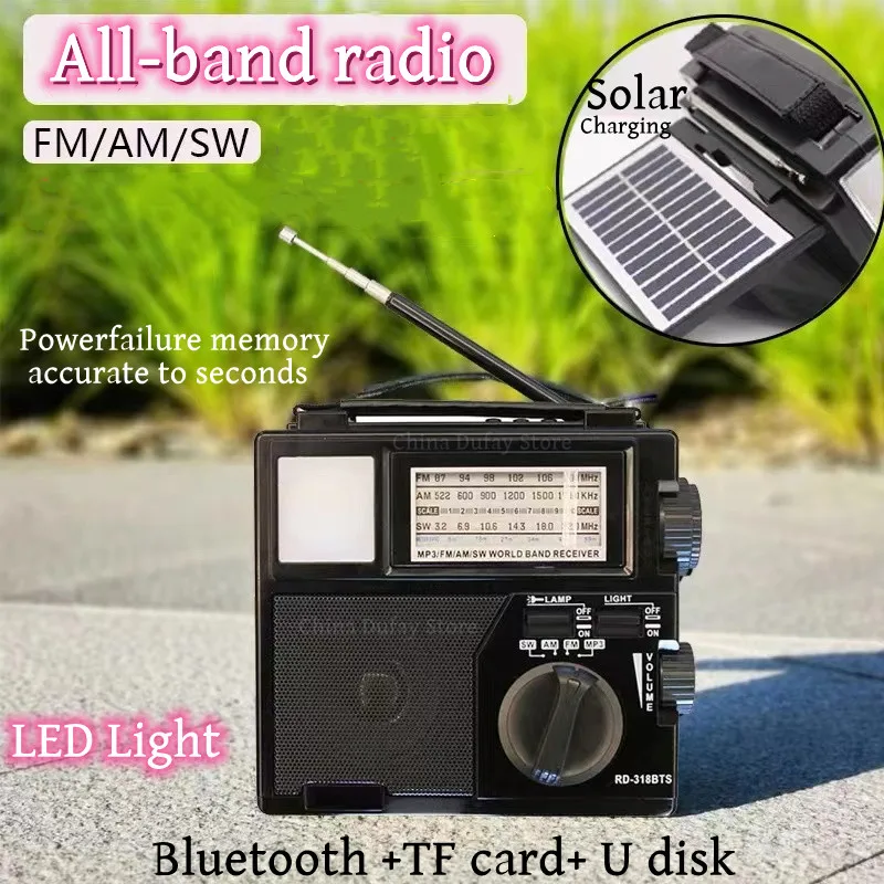 Emergency Radio Solar Portable FM AM SW Radio Receiver with LED Flashlight Wireless Bluetooth Speaker Music Player Phone Charger