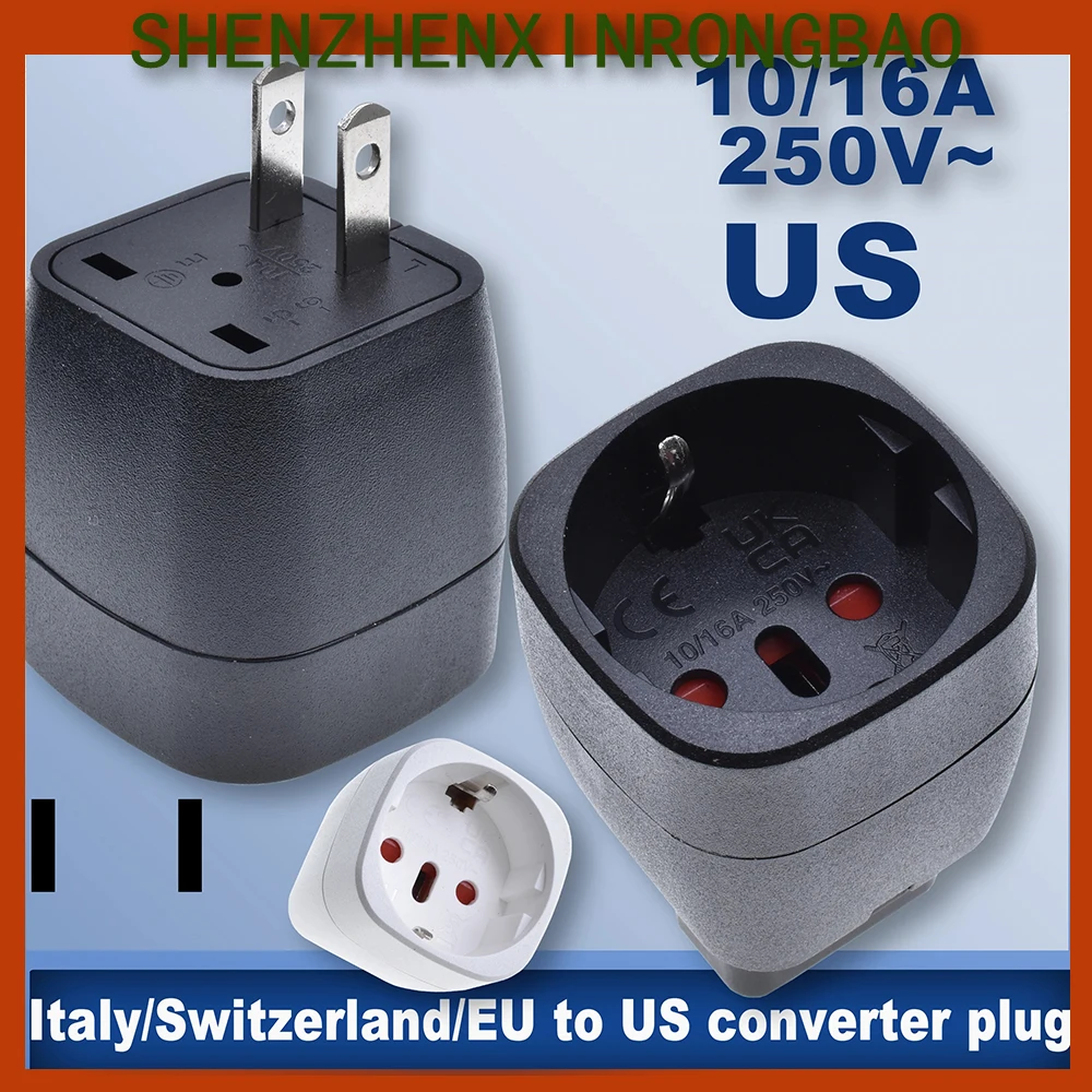 Embutido-UE para EUA Viagem Plug, Tomada, Preto e Branco, pode ser conectado em Europeu e Italiano e Suíço, AC, 10A, 16A, 250V, 2PIN