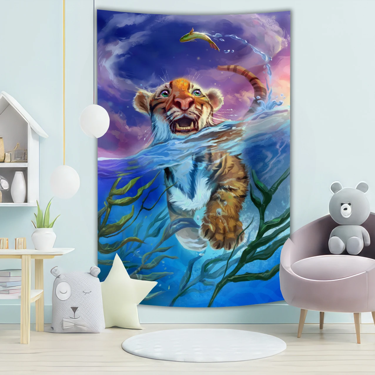 Underwater Tiger Decoration Oil Painting Fierce Tiger Tapestry Home Bedroom Polyester Material