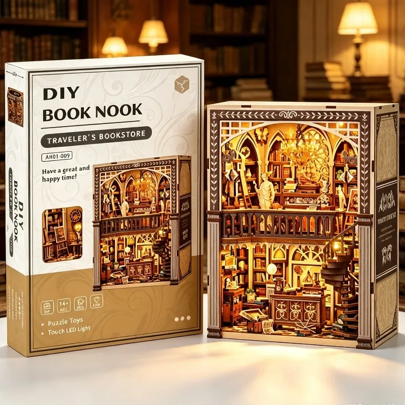 DIY Book Nook Shelf Insert Kit Traveler's Bookstore Bookend Miniature Dollhouse 3D Puzzle Assembly Model for Adults Gifts Toys