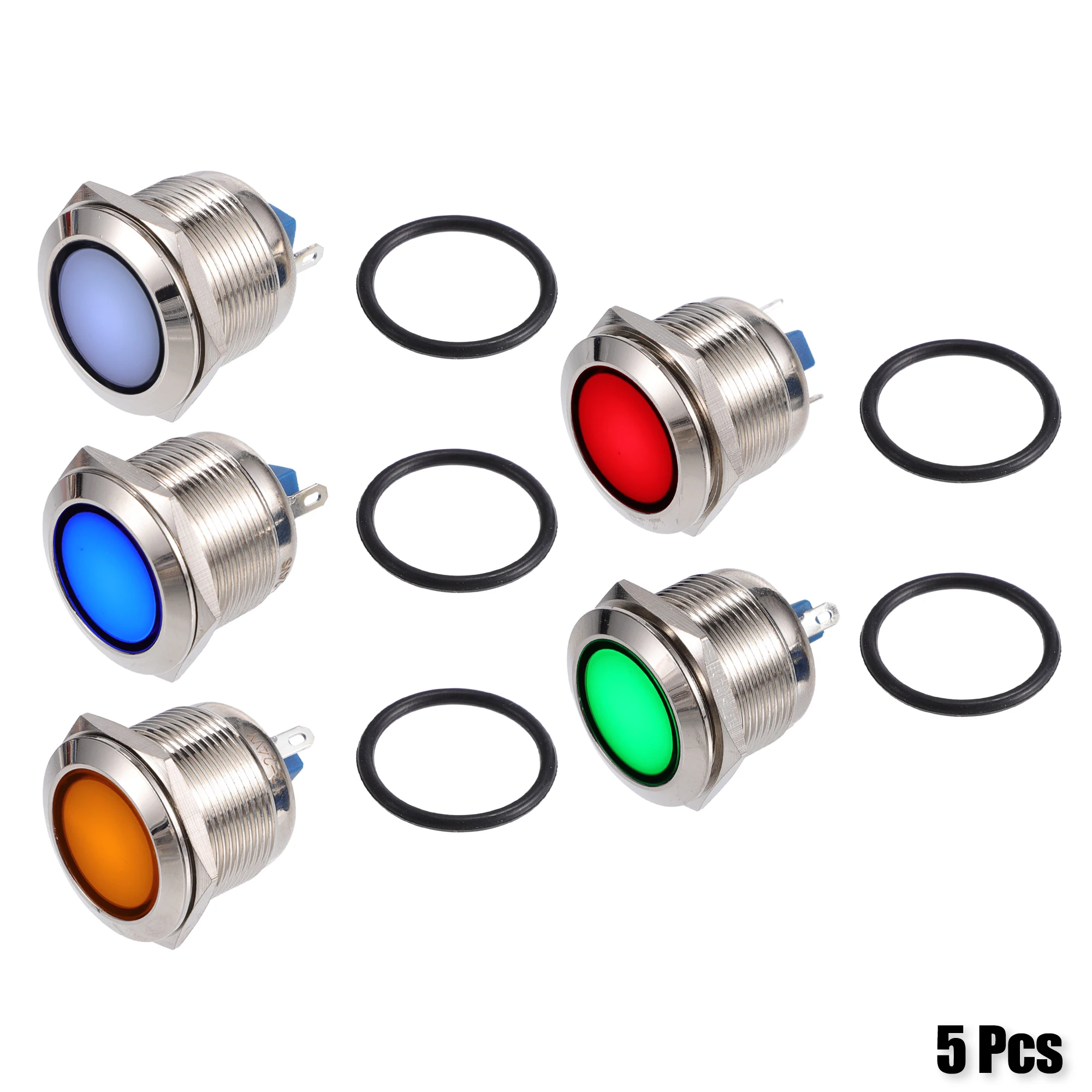UXCELL 5Pcs LED Indicator Light 22mm 12V AC DC Metal Shell Waterproof Pilot Dash Signal Lamp for Car Truck Internal Multicolored