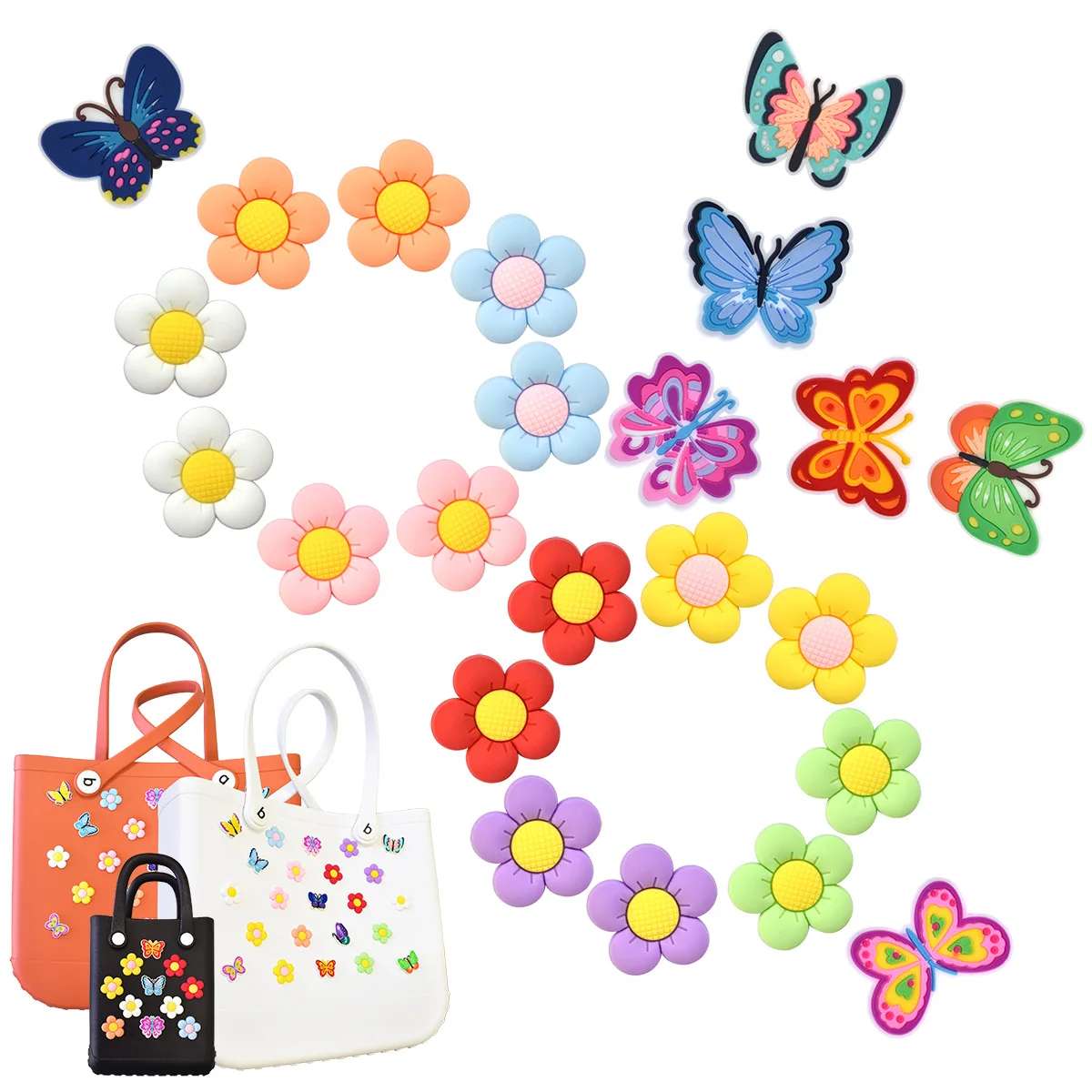 

17Pcs Summer Style Flowers and Butterfly For Bogg Bag Compatible With Women Rubber Beach Bag Tote Handbag Charms Decoration