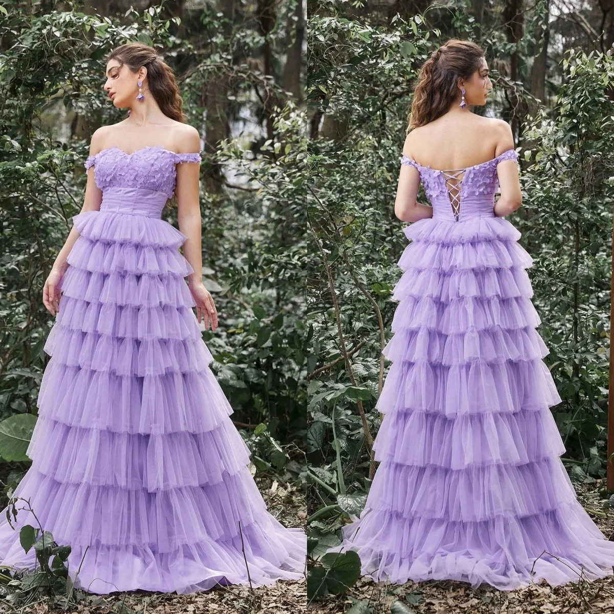 Vintage A Line Prom Dresses Off Shoulder Floral Appliques Women Evening Gowns Tiered Ruffles Homecoming Girls Maxi Dresses